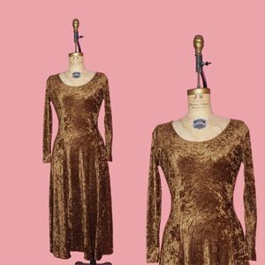 1990s CRUSHED VELVET Long Sleeve Dark Brown TIMING Maxi Dress. Small-Medium